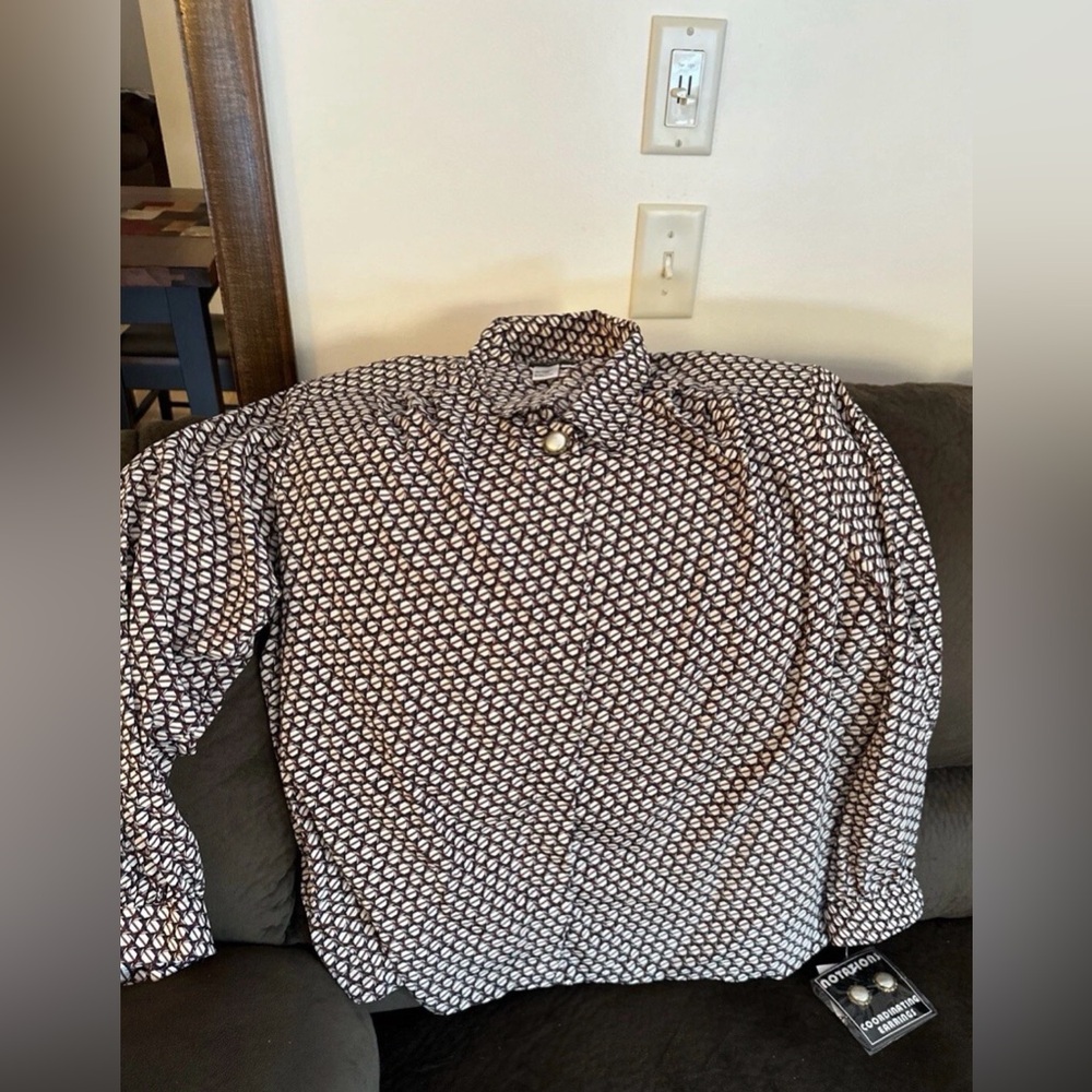 Patterned Button-Up Shirt with Clip-On Earrings